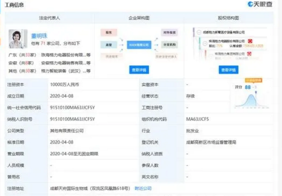 注册医疗类公司这么火？董明珠名下成立医疗装备新公司注册资本1个亿